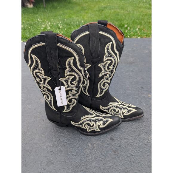 Buck & Brana Ginnger Western Boots Womens 8.5 Black Leather Embroidered Pull On - Picture 1 of 8
